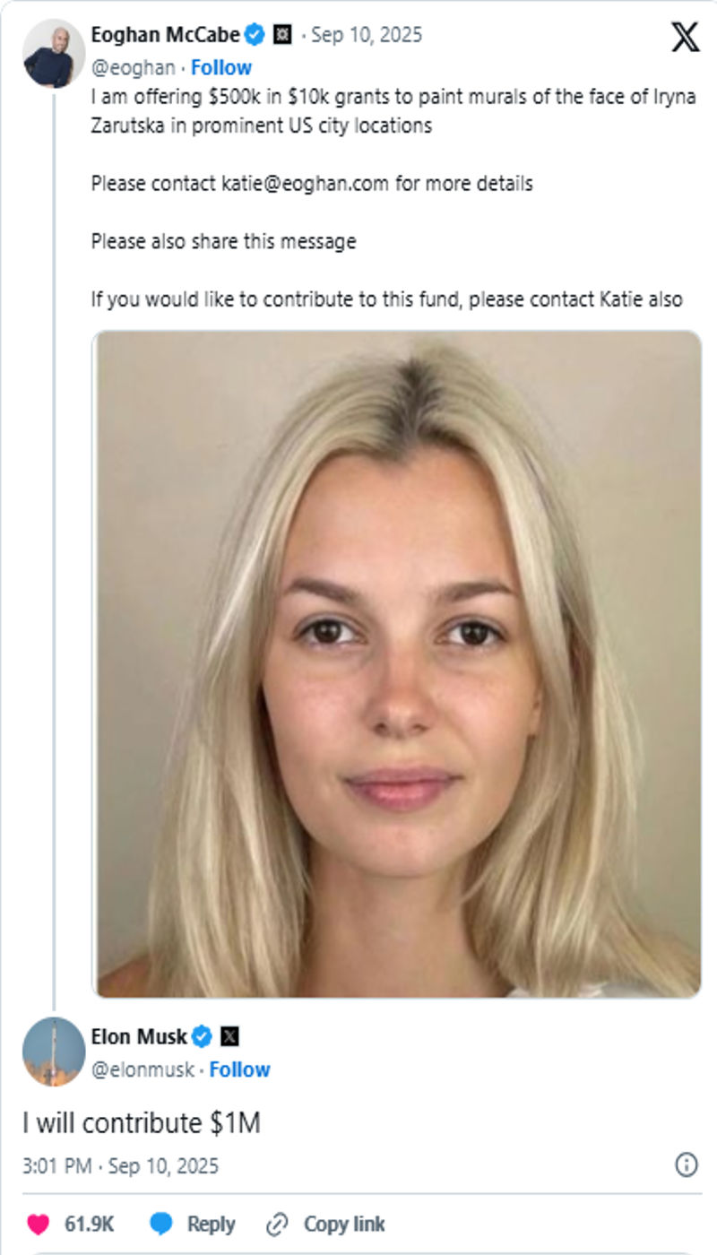 Elon Musk at Andrew Tate naglaan ng $1M bawat isa para sa murals ni Iryna Zarutska sa U.S.